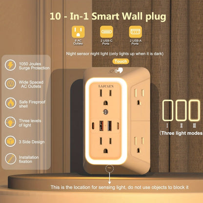 3-Sided Wall Outlet Extender 10-in-1 with 6 AC Outlets & 4 USB Ports (2 USB-A & 2 USB-C), 1050J Surge Protector Multi-Plug Adapter for Home, Travel, Office & College
