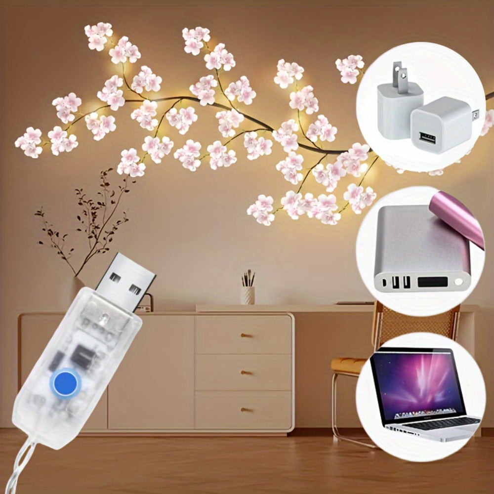 LED Cherry Blossom Chandelier Rattan String Lights USB 8 Modes Indoor Outdoor Holiday Decoration