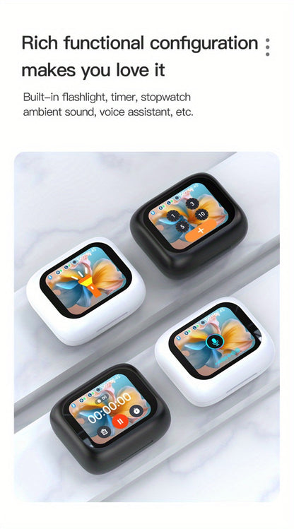 Touchscreen ANC Wireless Earbuds Full-Color Display, Noise Cancelling In-Ear with Charging Case for Sports Gaming Business