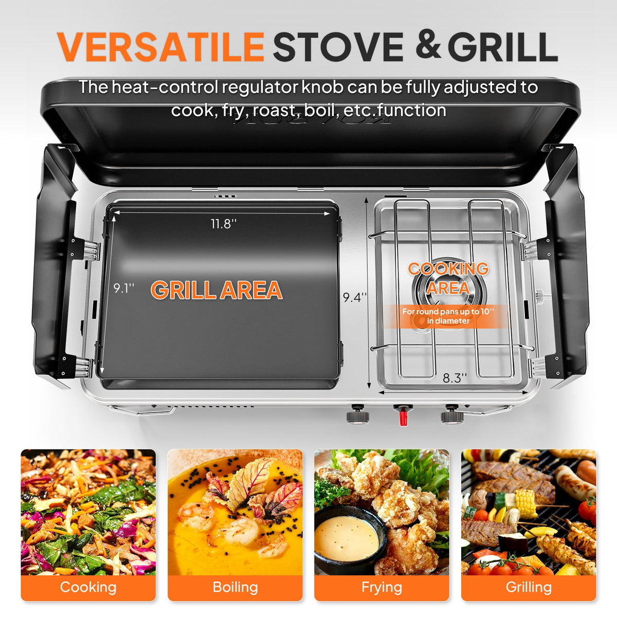 Portable Propane Griddle and Burner Camping Stove with Four Color Labels and 23.23-Inch Closed Width