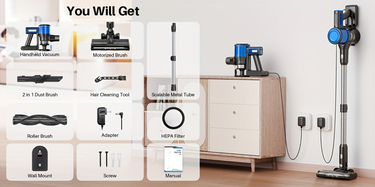 Cordless Stick Vacuum Cleaner 56-68Kpa, 8-in-1 Handheld Vacuum with Rechargeable Battery, 45 Min Runtime for Hard Floors