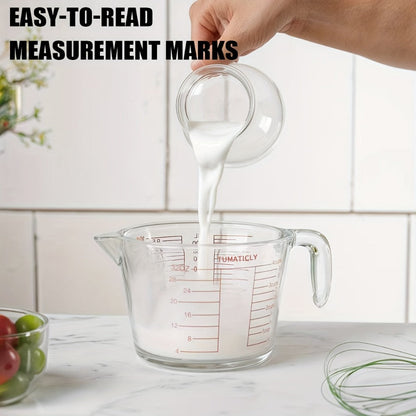 Clear Glass Measuring Cup Set with Pour Spouts, Handles, Red Graduations and One- or Three-Piece Options