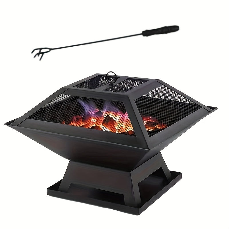 18.5-Inch Black Square Fire Pit and Grill with Mesh Pyramid Cover, Cooking Grate and Long Poker