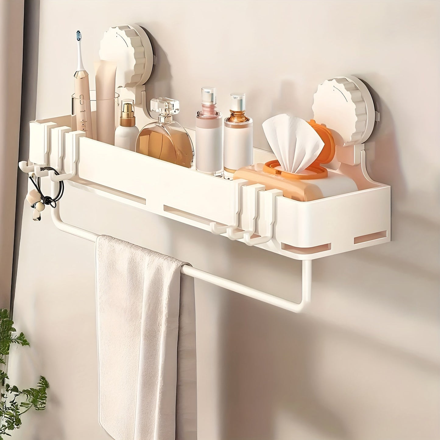 Wall Shower Caddy with Towel Bar, Hooks and Eight Exact Pole or Shelf-Length Checkout Options