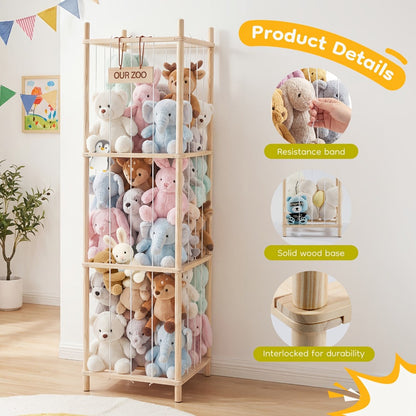 Wooden Stuffed Animal Storage Organizer for Kids Large Plush Toy Holder Zoo Space Saving Display Rack for Playroom Bedroom Nursery Natural White Pink