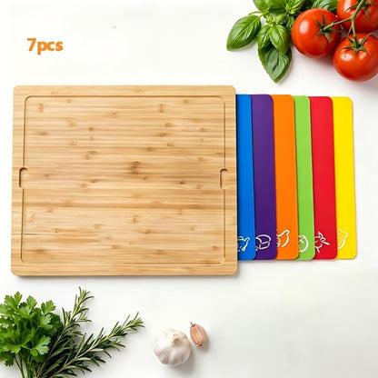 Bamboo Cutting Board Set with Six Color-Coded Flexible Prep Mats and One-Piece or Seven-Piece Options