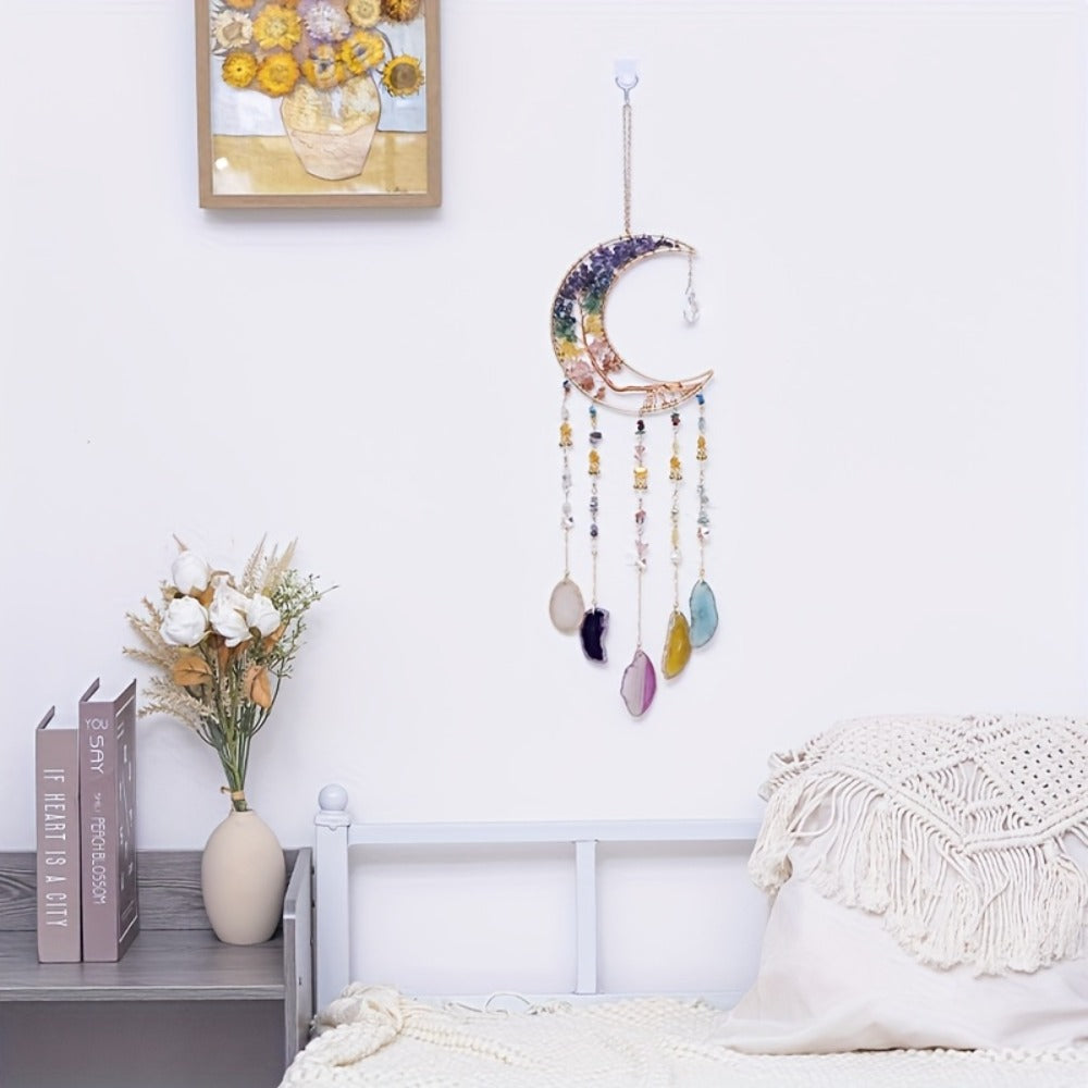 Dreamcatcher Moon Suncatcher Wall Hanging – Handmade Boho Wind Chime Pendant for Indoor Outdoor Garden, Courtyard & Party Decor – Christmas & Birthday Gift