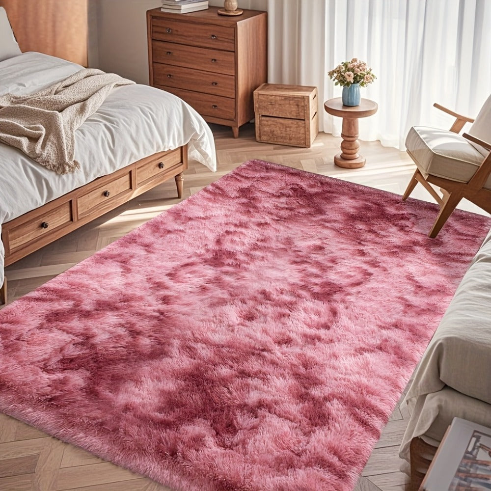 Area Rug Fluffy Faux-Fur Shag in Solid, Tie-Dye and Ombre Colors with Six Retained Room Sizes