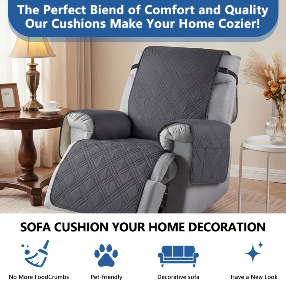 Quilted One-Piece Recliner Chair Cover with Side Pocket, Back Strap and Six Solid Color Options