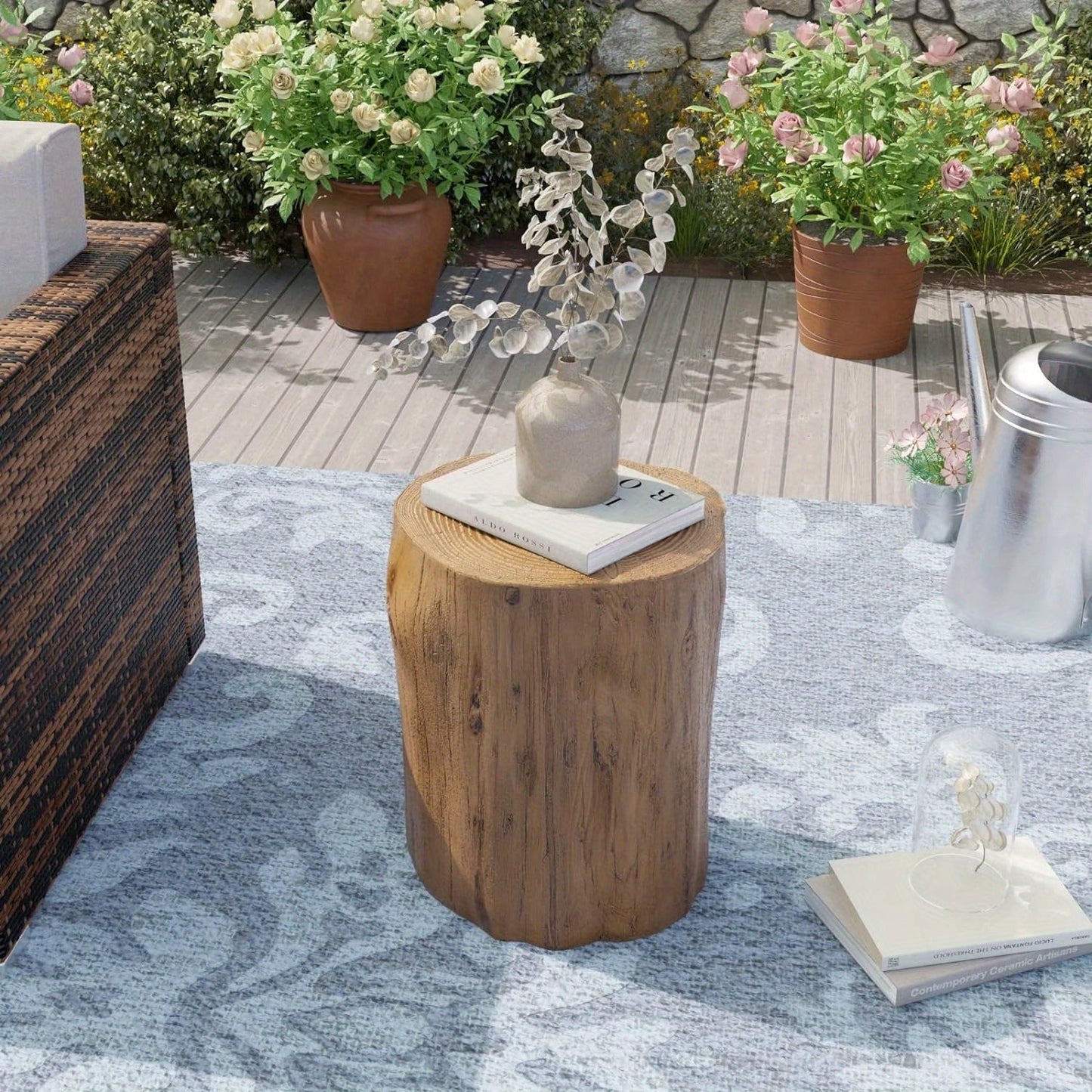 Outdoor Side Table Faux Wood Tree-Stump Design in Magnesia with 220-Pound Source Capacity and Brown Finish