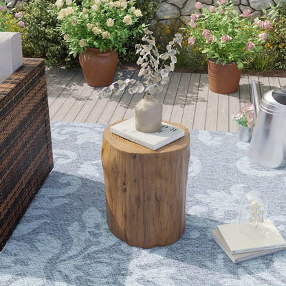 Outdoor Side Table Faux Wood Tree-Stump Design in Magnesia with 220-Pound Source Capacity and Brown Finish