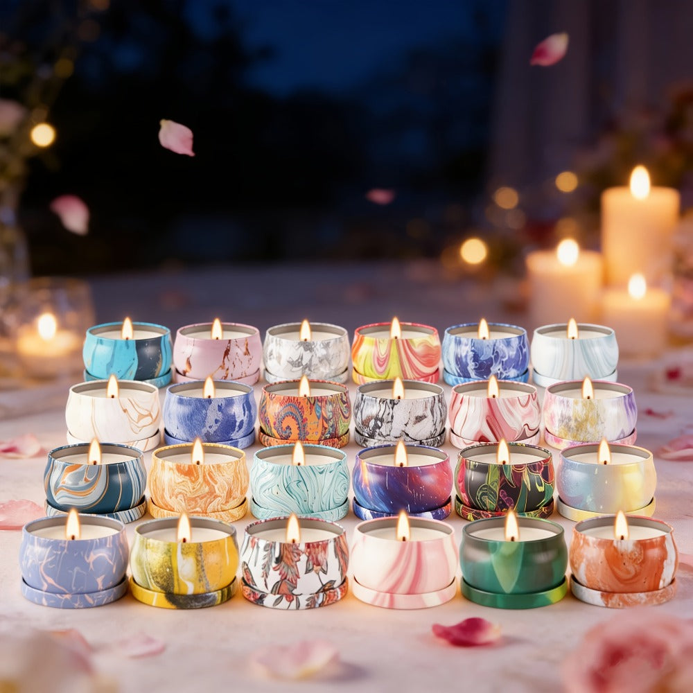 36-Piece Candle Gift Set with Lidded 2.5oz Decorative Tins in Three Coordinated Design Families