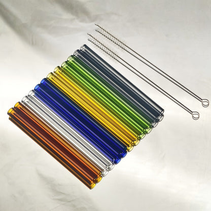 12-Pack Reusable Borosilicate Glass Straw Set with Cleaning Brushes in 6 or 8 Inch Lengths for Drinks
