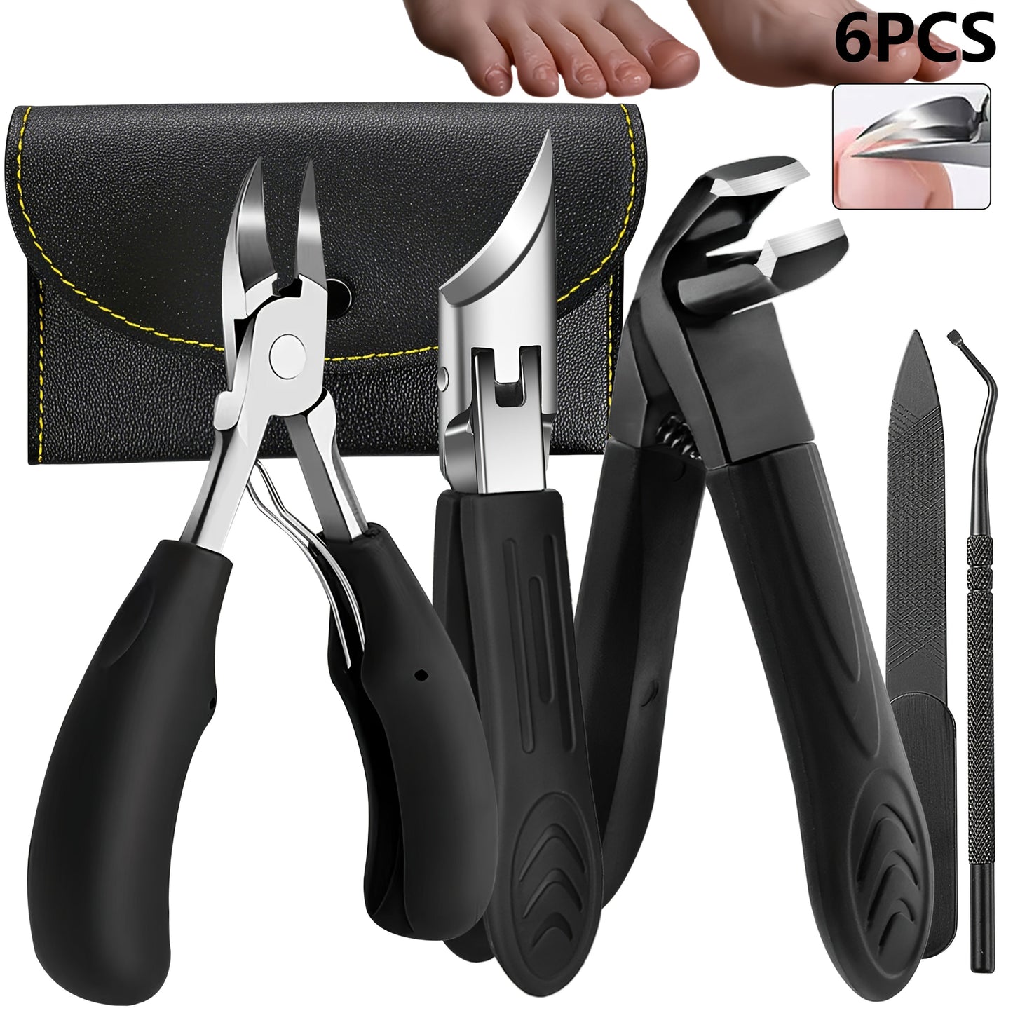 Wide-Jaw Nail Clipper Set, Six-Piece Black-Handle Kit with Curved, Slanted and Narrow Tools, Lifter, File and Storage Pouch