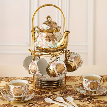 Twenty-Piece Floral Ceramic Tea Set with 15-Ounce Teapot, Six Cups, Saucers, Spoons and Gold Rack