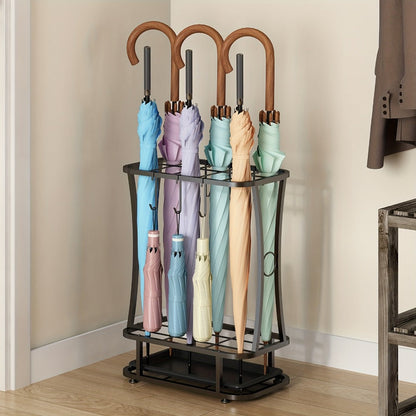 Freestanding Black Metal Umbrella Stand with Four Hanging Slots and Removable Bottom Drip Tray