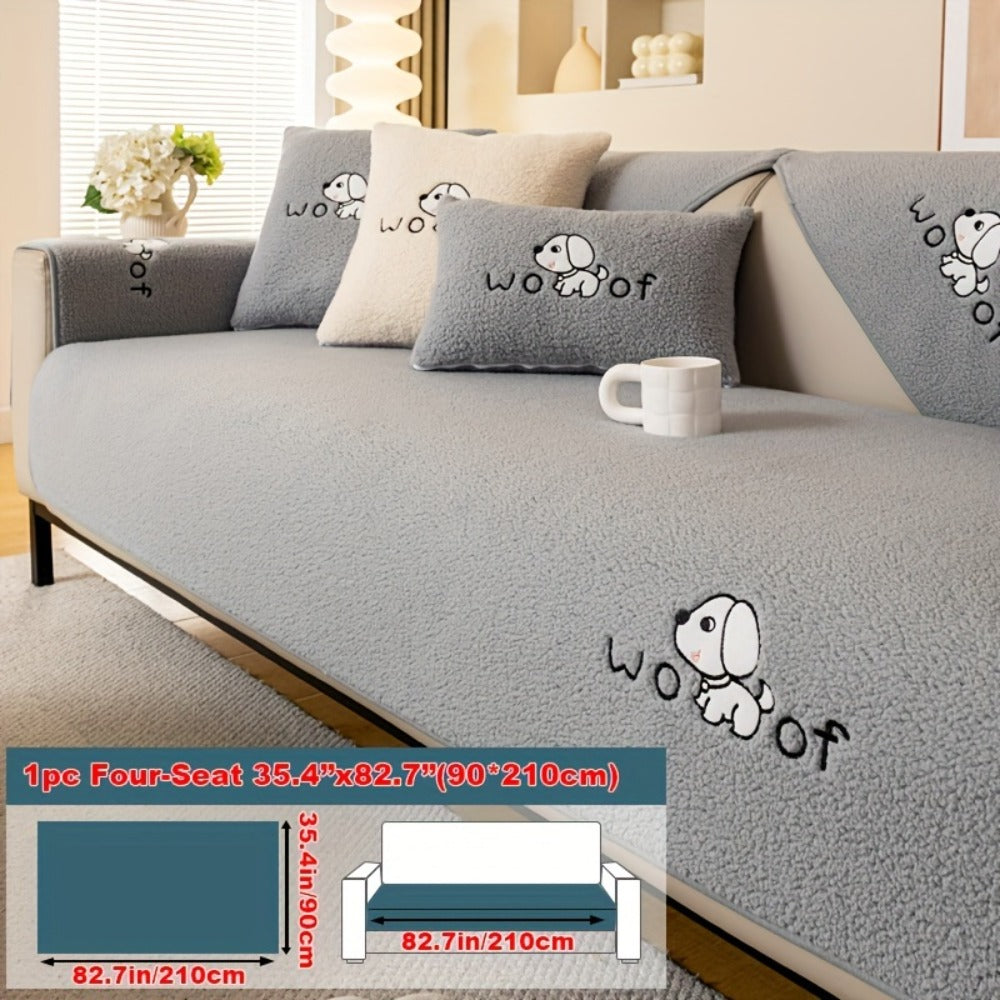 Sofa Cover Embroidered Plush-Texture Panels for Single to 4 Seats, Backrest, Armrest or Pillowcase