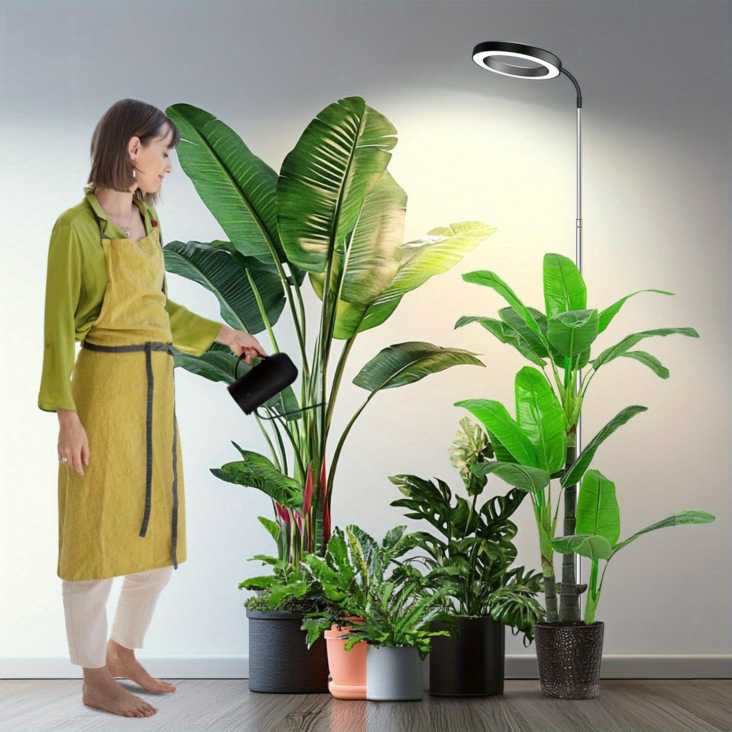 Telescopic Ring LED Plant Lamp with Flexible Gooseneck, 10-65in Pole and Black or White Options