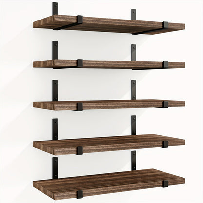 Five-Piece Rustic Floating Shelf Set with Black Metal Brackets in Light Brown, Dark Brown or Black-Gold Finishes