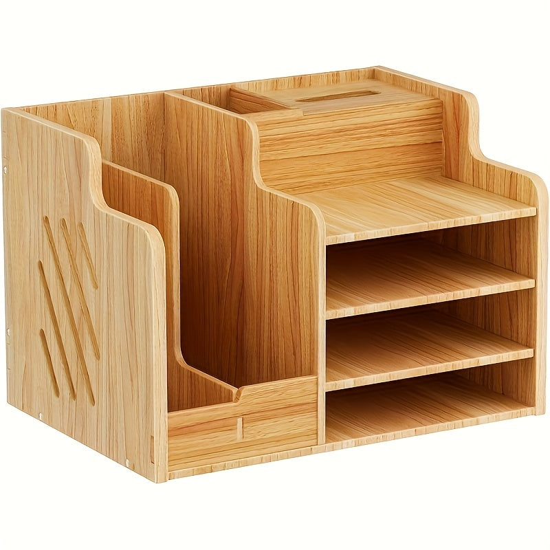 Wooden Desktop Document Organizer with File Slots, Open Shelves, Small Drawer and Approximately 38 cm Width