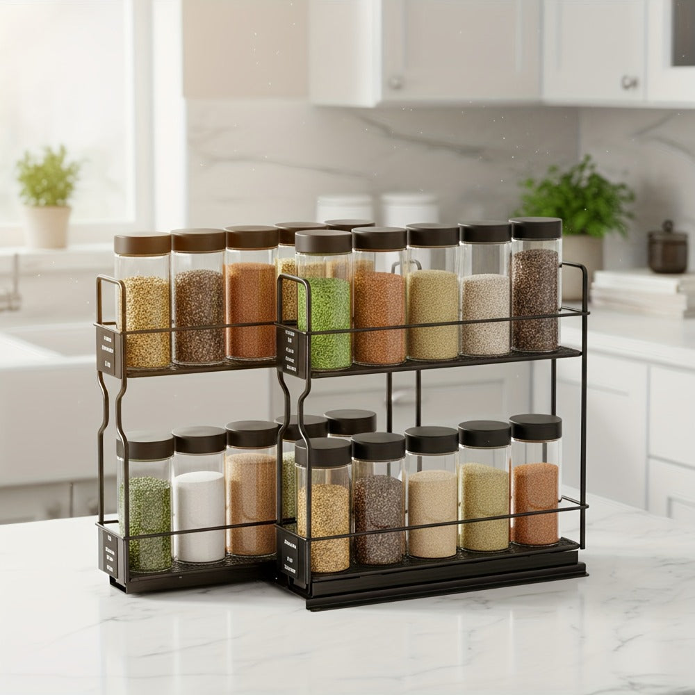 Pull-Out Spice Rack Kitchen Organizer with Two Slide-Out Drawers, 415 Labels and 5.2 x 10.75-Inch Footprint