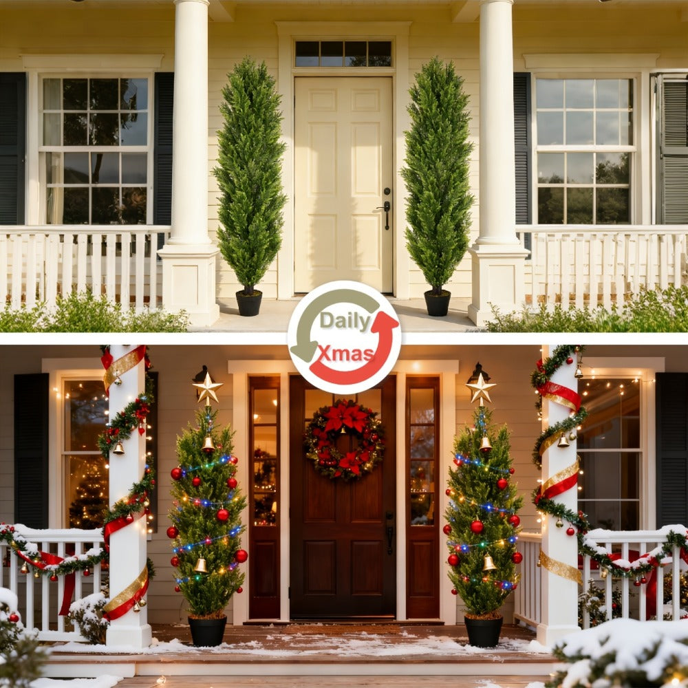 Two-Pack Artificial Cedar Topiary Trees with 4, 5 or 6 ft Height Options and Optional 16-Inch Black Planters