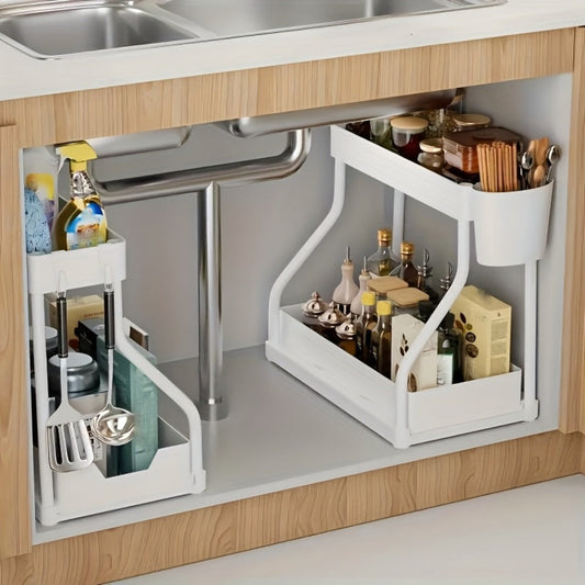 Under Sink Storage Organizer 2-Piece Sliding Shelf Set in Black or White for Kitchen and Bathroom