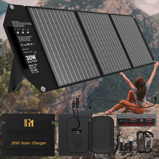 Portable Solar Panel Charger 30W 60W 100W Foldable Camping Solar Charger with 18V MC4 Dual USB-A QC3.0 USB-C PD18W Ports for Camping RV Hiking Outdoor Power Bank Charging