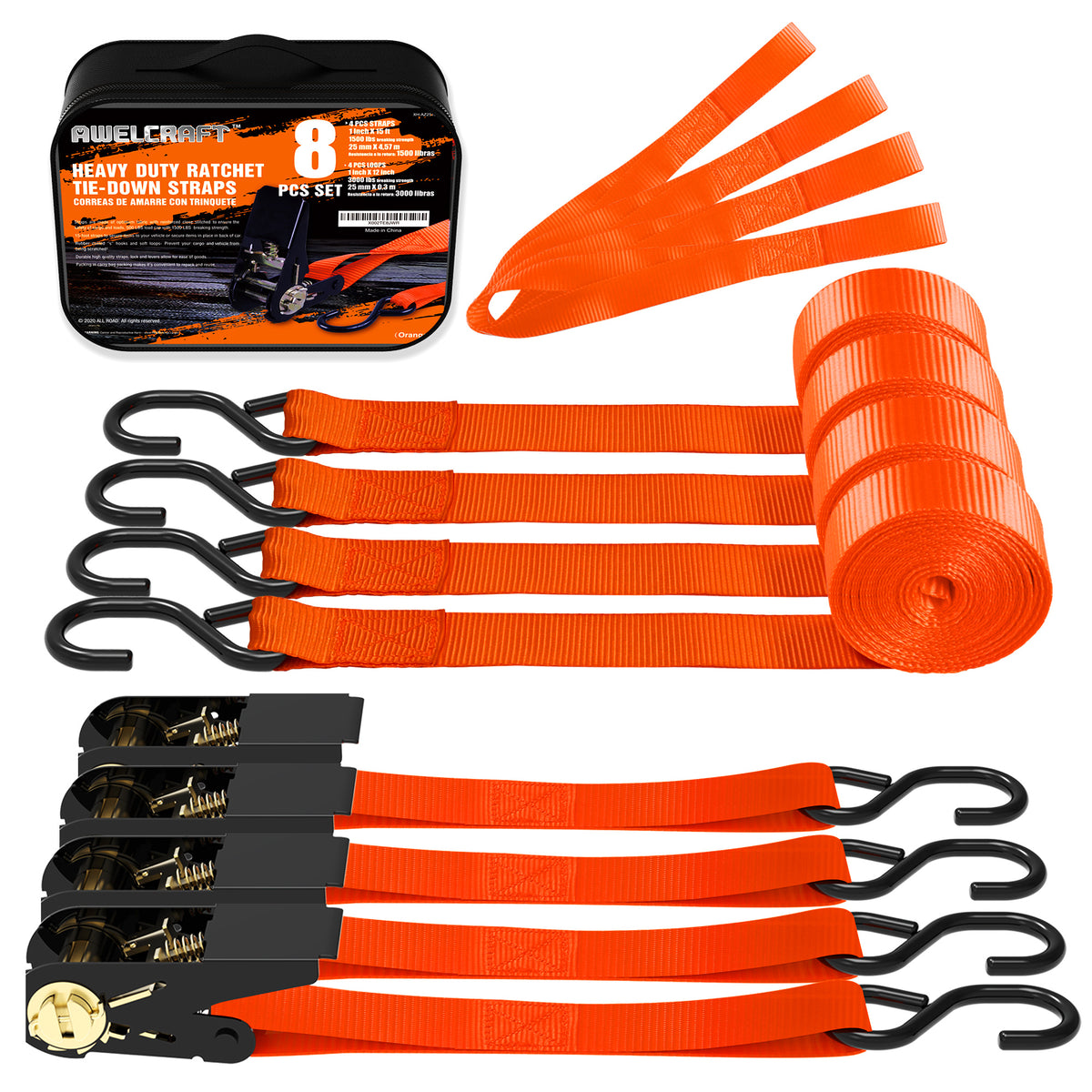 Ratchet Tie Down Straps 4-Pack 15FT 1,500 lb Break Strength Heavy Duty with Soft Loops & Storage Bag – High-Visibility Webbing for Motorcycle ATV Kayak Truck Bed Trailer Roof Rack
