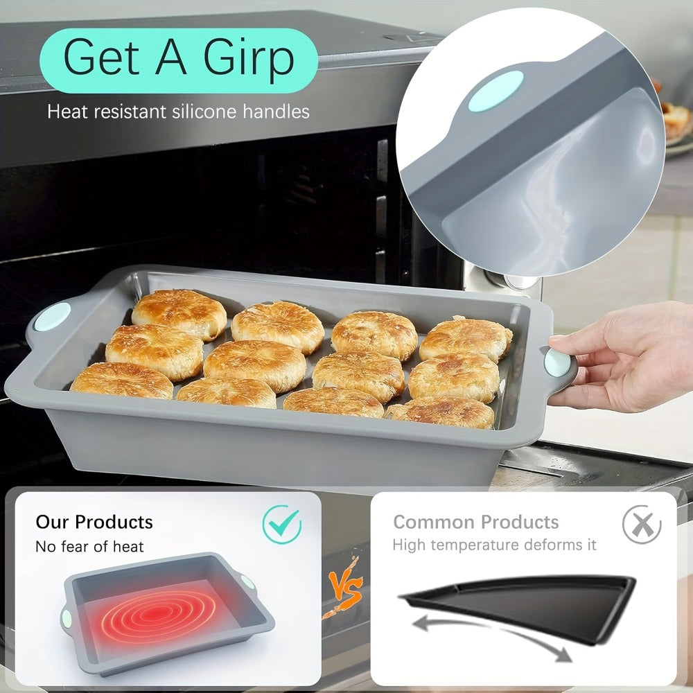 Silicone Baking Pans Set 4-Piece – Nonstick Bakeware with Metal Reinforced Frame, Includes Baking Sheet, Cookie Sheet & Cake Pan with Grips, Oven Safe, Easy Release – Navy Blue & Light Gray