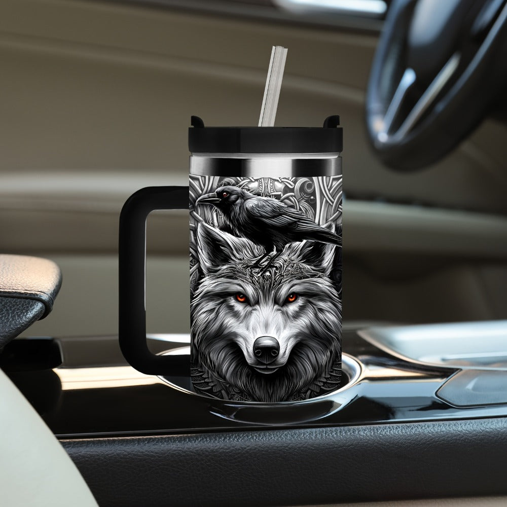 40oz Wolf-and-Raven Graphic Handled Tumbler with Black Lid, Straw and 10 x 26.8 cm Pictured Size