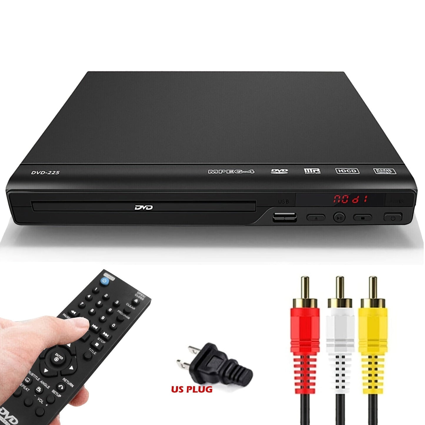 Compact Black DVD Player with USB Port, AV Output, Remote Control, RCA Cable and US Plug for Home TV