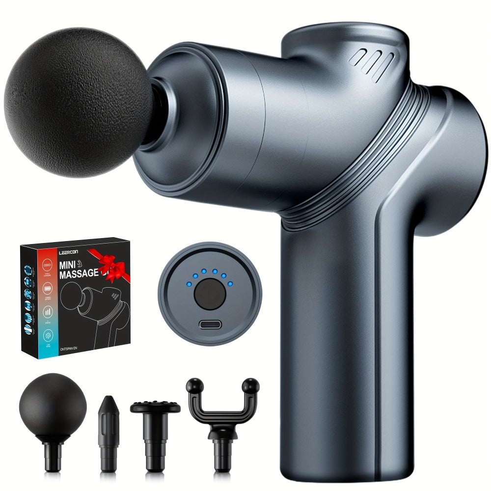 Compact Massage Gun with Six Speed Settings, Four or Eight Interchangeable Heads and Blue or Black Finish Options