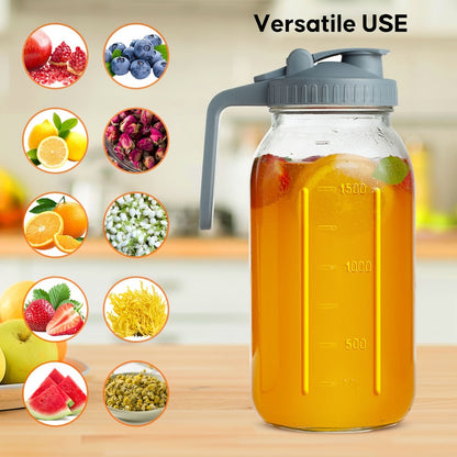 Mason Jar Pitcher 64oz Wide Mouth Glass Pitcher with Pour Spout & Handle – 2 Pack Leak Proof Iced Tea Pitcher for Fridge, Coffee Creamer, Sun Tea & Juice