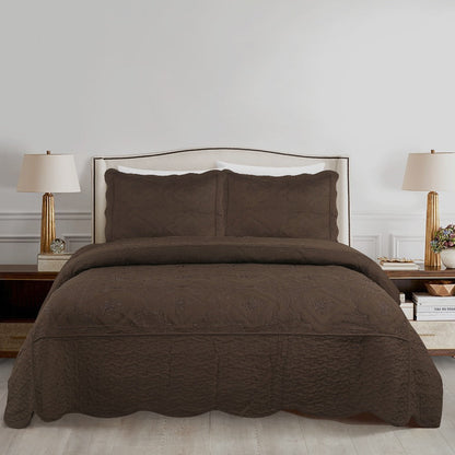 Quilt Set 3 Piece Floral Embroidery Bedspread - 100% Polyester Wrinkle Resistant Lightweight Quilted Coverlet with 2 Pillow Shams for Full Queen King Bed, Elegant Bedroom Decor in 19 Colors