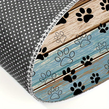 Cat Paw Print Door Mat with Blue and Brown Wood-Look Bands in Three Rectangular Entryway Sizes