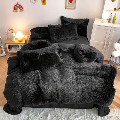 Plush Faux Fur Duvet Cover Set with Heart Pillow, Corner Ties and Twin, Queen or King Sizes in Eight Colors