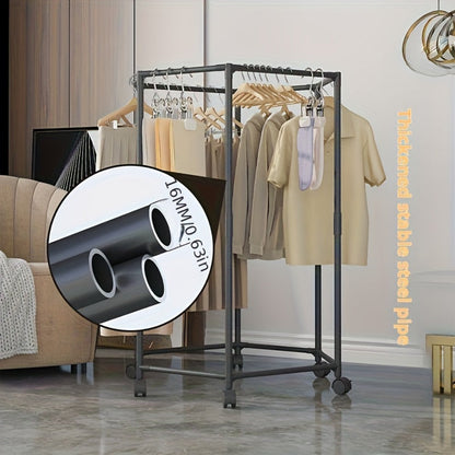 Rotating Hexagonal Garment Rack with Six-Sided Hanging Frame, Casters and Black or White Mesh-Bag Options