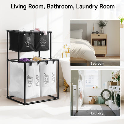 Two-Tier Laundry Sorter Hamper with Upper Compartments, Four Removable Lower Bags and Elevated Frame