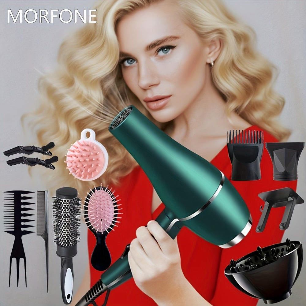 Brushless Motor Hair Dryer Set with Accessories - Professional Blow Dryer Kit Concentrator Nozzle Comb Clips 2 Modes 3 Speeds Ionic Anti-Frizz Home Salon Travel Black White Blue Green