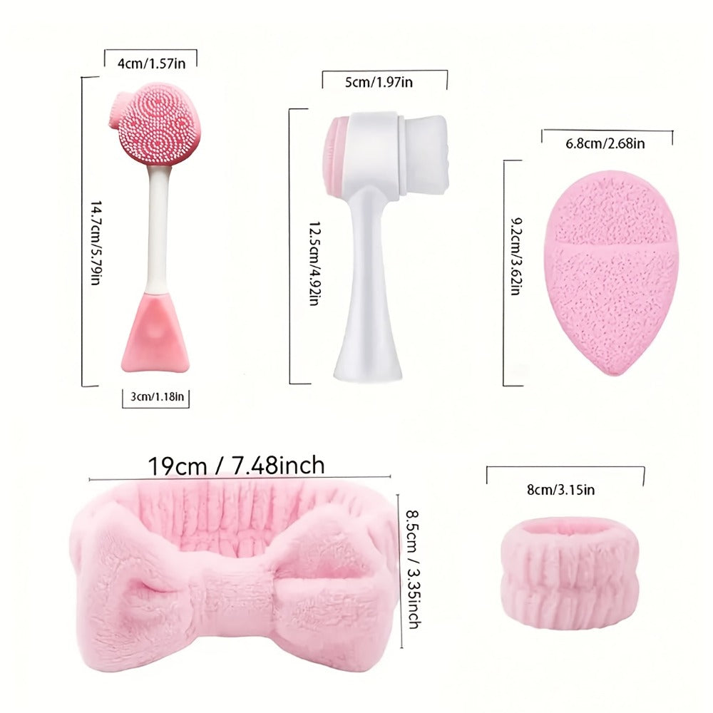 7-Piece Facial Cleansing Brush Set with Wash Bag, Bow Headband, Wristbands and Skincare Applicators