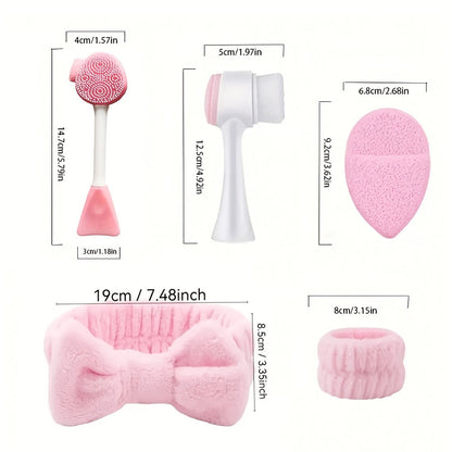 7-Piece Facial Cleansing Brush Set with Wash Bag, Bow Headband, Wristbands and Skincare Applicators