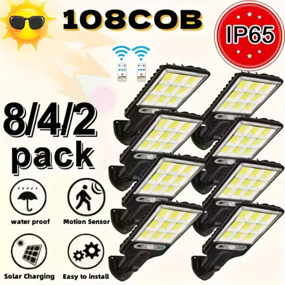 Solar Motion Sensor Security Wall Light 108COB LED – Outdoor Solar Powered Street Light with Remote Control & 3 Modes | Waterproof Garden Spotlight for Patio, Porch, Door & Garage | 2/4/8pcs Pack