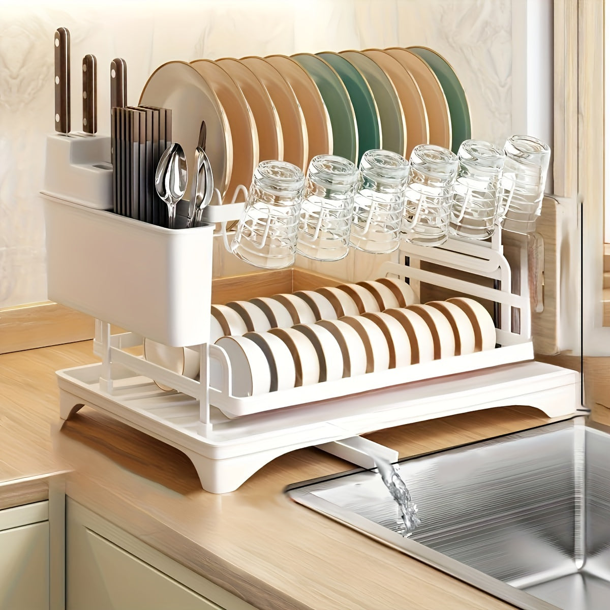 Two-Tier Dish Drying Rack, Compact Metal Countertop Drainer with Drainboard in Three Colors