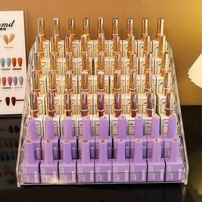 Four-Tier Transparent Nail Polish Organizer with Stepped Rows, Side Panels and Countertop Display Design