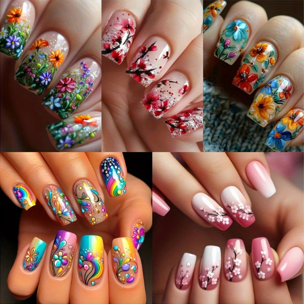 Press On Nails 120-Piece Medium Square Set with Glossy Floral and Striped Designs in Five Packs