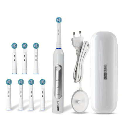 Electric Toothbrush with Eight Round Brush Heads, Three Modes, Induction Charging, IPX7 Rating and Travel Case