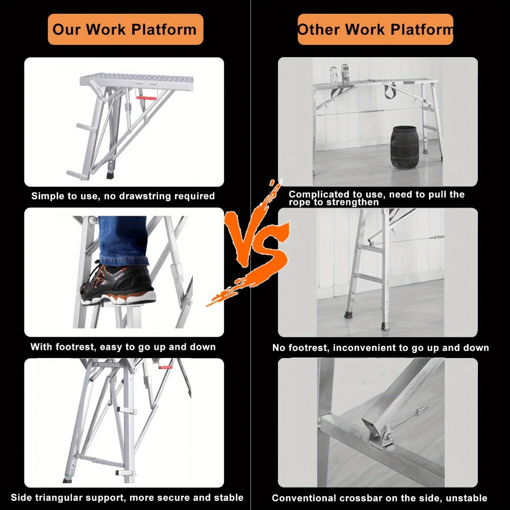 Adjustable Folding Scaffolding Work Platform, Portable Drywall Bench Step Ladder with Anti-Slip Feet & Safety Lock