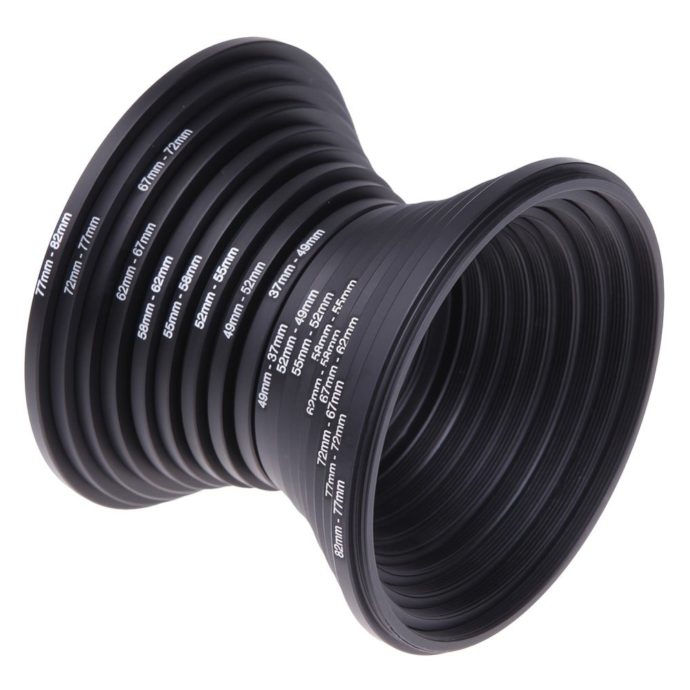 18-Piece Step-Up and Step-Down Lens Filter Adapter Ring Set Covering 37–82 mm Thread Sizes