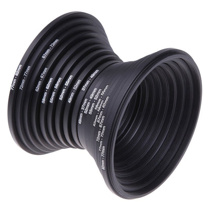 18-Piece Step-Up and Step-Down Lens Filter Adapter Ring Set Covering 37–82 mm Thread Sizes